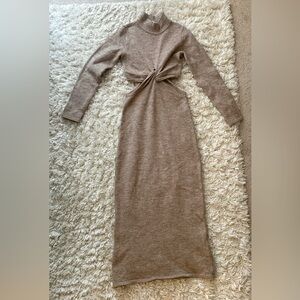 ASTR The Label Long Sleeve Twist-Front Knit Dress in Taupe - Open Cut Both Sides